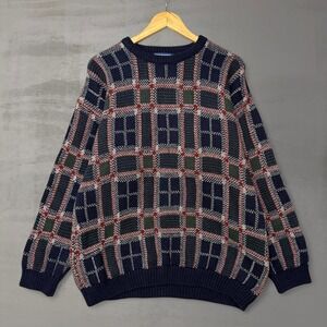 Vintage Savile Row Chunky Retro Sweater Navy Blue Plaid Crewneck Knit XXL